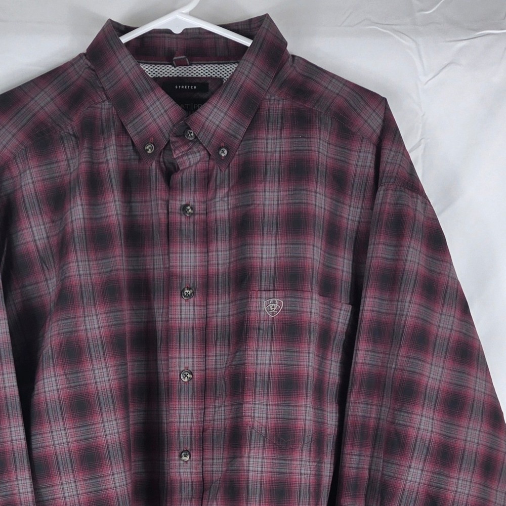 Ariat Pro Series Mens XXL Tall Burgundy Black Plaid Stretch Button Down Shirt